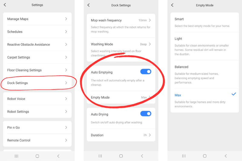 Self drain settings on the Roborock app